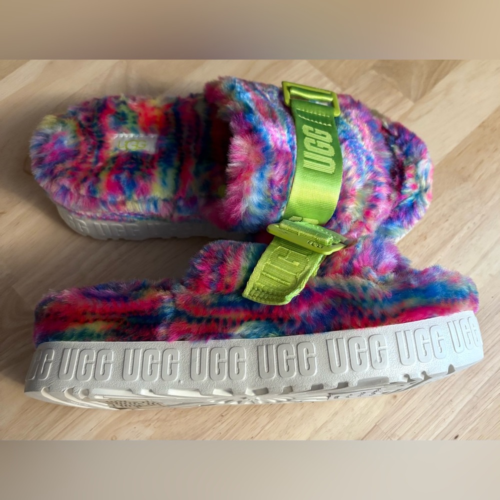 UGG Pink and Green Fuzzy Slippers with Adjustable Strap